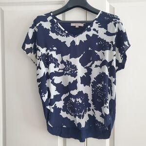 LOFT Navy and White Floral Blouse, Medium